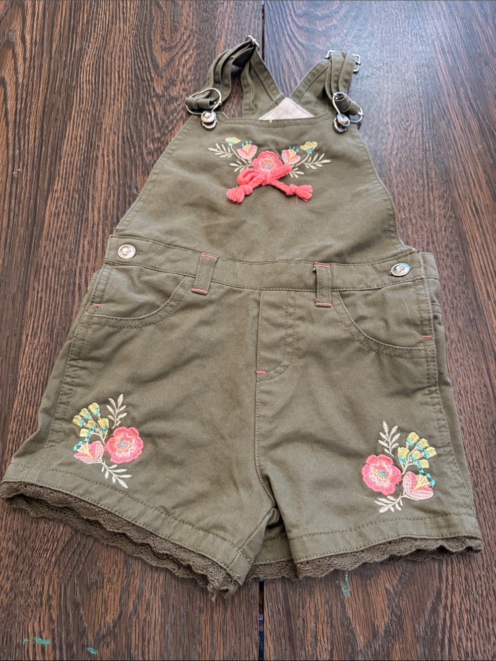 Girls Olive Green Floral Embroidered Shortalls